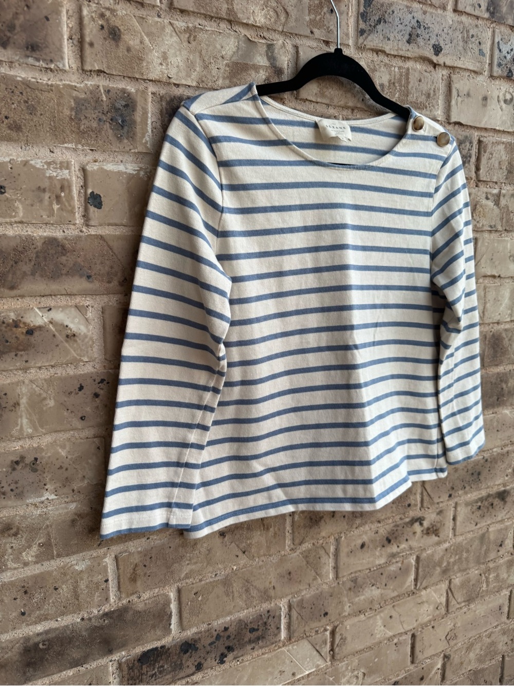 Sezane Colette mariniere blue Ecru Striped Button-Shoulder Top Sz Small - Picture 6 of 10